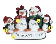 Personalized Penguin Family of 4 Christmas Ornament