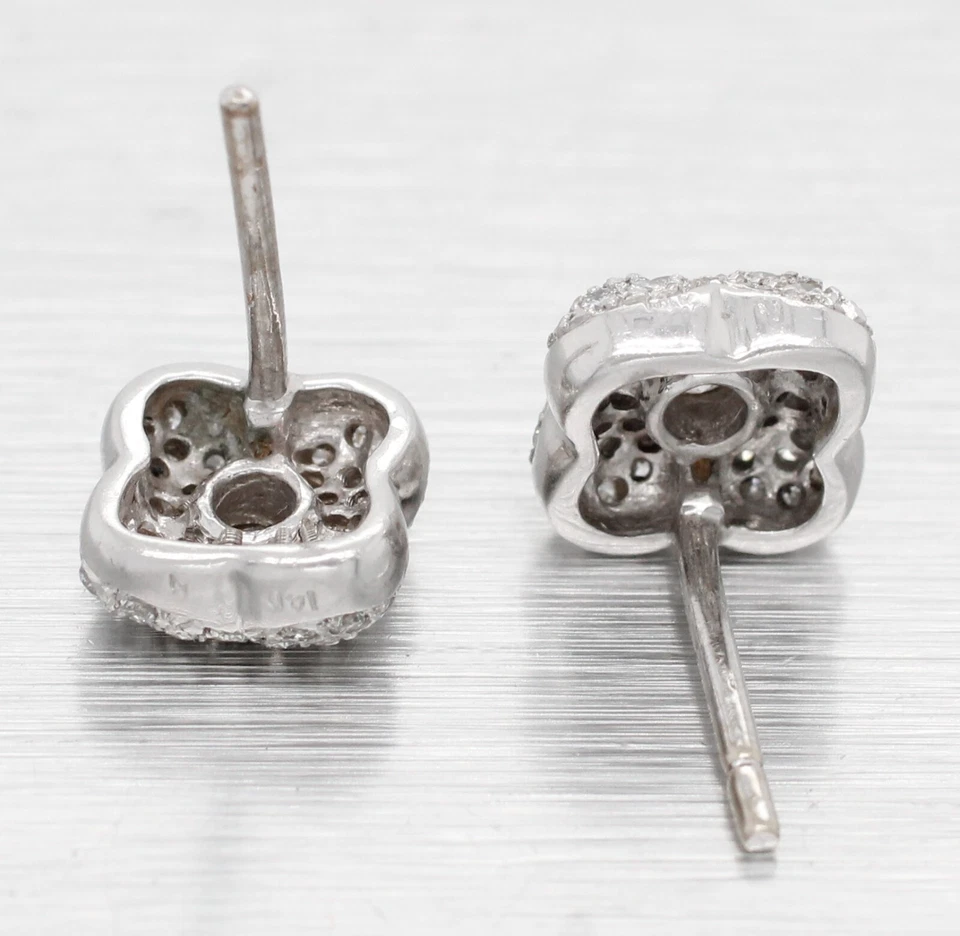 Vintage 1.00ctw Diamond Cluster Floral Clover Stud Earrings - 14k White Gold - Image 3 of 4