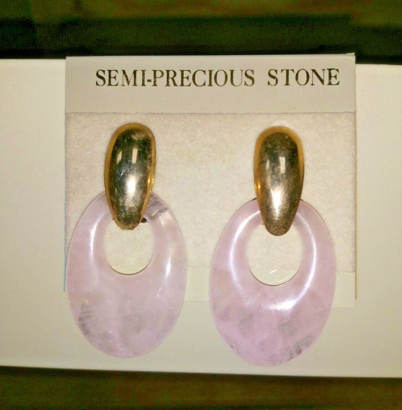 Vintage Earrings Rose Quartz Oval Hoop Earring Charms Omega Clip