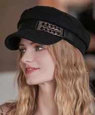 Black Women's Beret Hat w/ Chain Decorated Peaked Cap Newspaper Hat Vintage