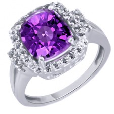10.00 CT Cushion Cut Amethyst  White Topaz In 14k White Gold Plated Halo Ring