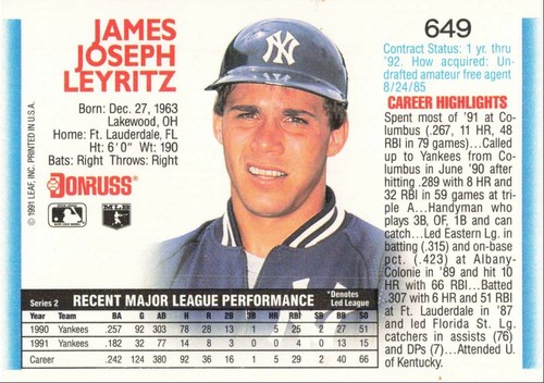 1992 Donruss Baseball Jim Leyritz New York Yankees #649 - Picture 2 of 2