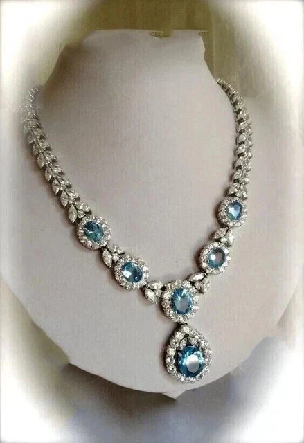 20CT Oval Lab Created Aquamarine Women's Tennis Necklace 14k Wh Gold plated 18” - Image 2 of 2