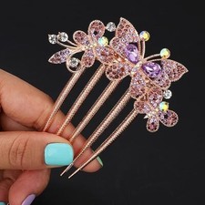 Boho Rhinestone Butterfly Hair Comb Bridal Wedding Crystal Hair Side Purple