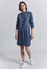 Current Elliott Tencel Blue Shirt Chic Casual Dress Roll Tab Long Sleeve, Size S