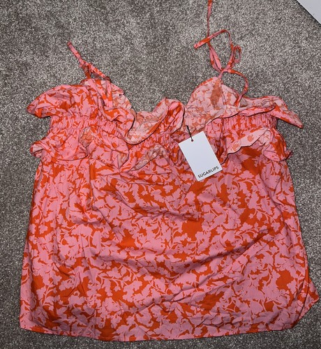 NWT Sugarlips Vienna Pink Floral Harlett Ruffle Tie Strap Tank Top Shirt Large L