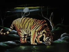 Vtg MCM Framed Black Velvet Painting Tiger In The Moonlight 28 x 20.5 Inch