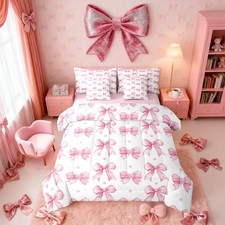 7 Piece Pink Ribbon Bow Comforter Set with Sheets Twin Bowknot Bed in A Bag f...