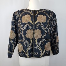 Vintage Starlight Evening Jacket XXL Black Silk Gold Beading Embroidery Handmade