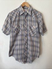 Wrangler Western Plaid Short Sleeve Pearl Snap Shirt Gray Mens Medium USA Made