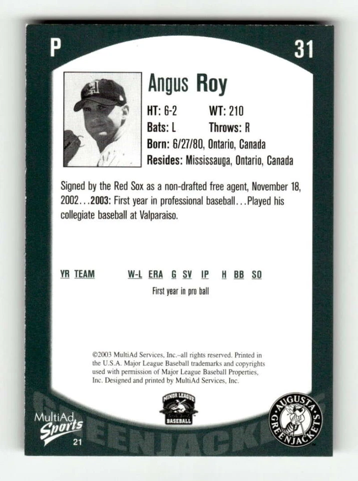 2003 Multi-Ad Augusta Greenjackets #21 Angus Roy NM-MT BXCP02 - Image 2 of 2