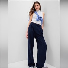 NWT GAP Linen-Cotton Pleated Wide Leg Trouser Pants in Navy - Size 10