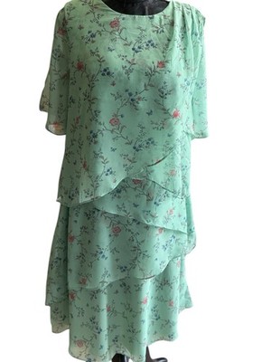 Mint Green Floral Chiffon Tiered Dress Lace Up Back Flutter Sleeve Womens