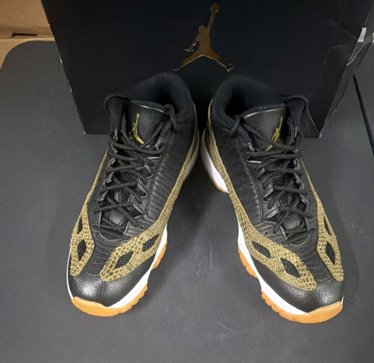 Jordan 11 IE Low Croc Black Gold Gum Croc Print Athletic Sneakers