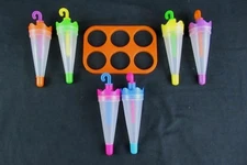 Lot of 6 Vintage Umbrella Popsicle Molds & Orange Holder - Colorful Set