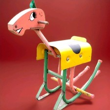 VINTAGE ANTIQUE METAL ROCKING HORSE SITTING SWING TOY HANDPAINTED WOOD ANTIQUE