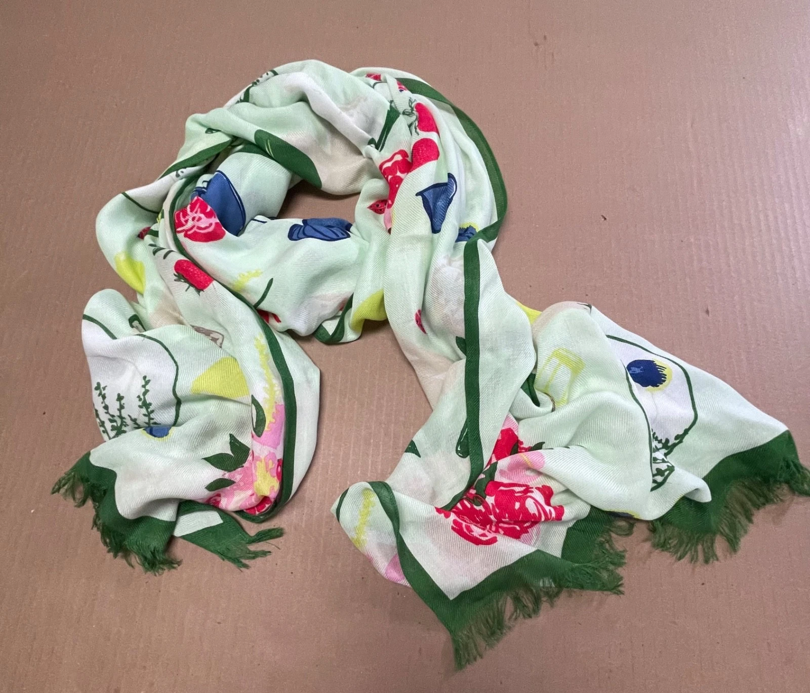 Kate Spade New York Open House Oblong Scarf 100% Viscose Green Picnic Campagne