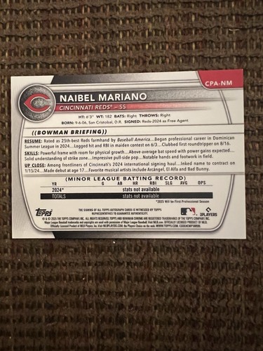 Naibel Mariano (1st) 2025 Bowman 1st Chrome Prospect Auto Cincinnati Reds - Picture 2 of 3