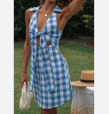 New Blue Gingham Checkered Blue White Sleeveless Halter Mini Dress Women’s Small