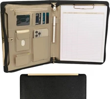 Portfolio Binder - Black Vegan Leather Padfolio for Women -Folder with Gold Trim