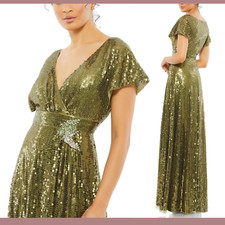 NWT $598 Mac Duggal [ 8 ] Sequined Butterfly Sleeve Wrap Over A Line Gown #Q699