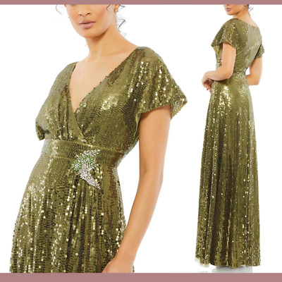 NWT $598 Mac Duggal [ 8 ] Sequined Butterfly Sleeve Wrap Over A Line Gown #Q699