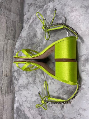 Schutz Sandals Women 9.5B Islah Shoes Green Yellow Satin Block Heel Rhinestones - Picture 11 of 18