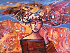 Woman Painting Original Art Portrait Woman Art  Red Yellow Painting  9.4 x 11.8