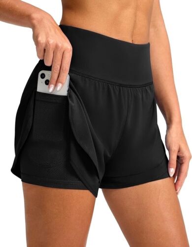 SANTINY Women's 2 in 1 Running Shorts Pockets 3" High Waisted Exercise Shorts