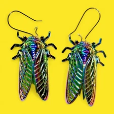 RAINBOW CICADA INSECT EARRINGS anodized metal wire hoop hangers bug pendants I4
