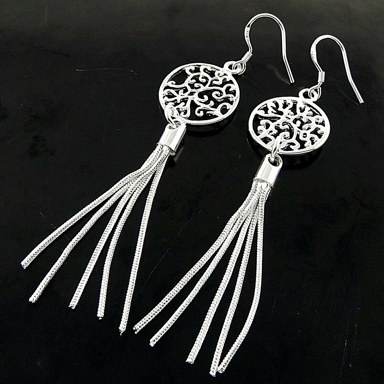 Earrings Real 925 Sterling Silver Filled Hook Long Strands Drop Dangly Design