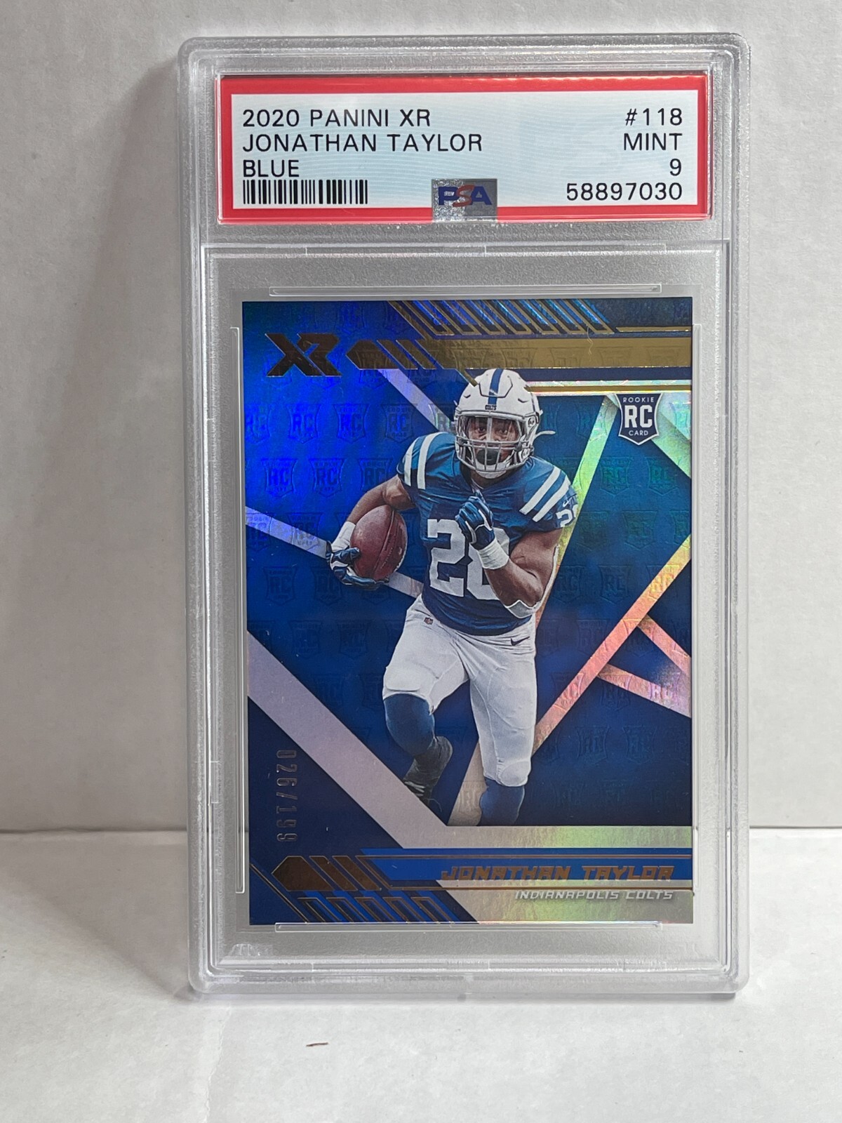 Jonathan Taylor 2020 Panini XR Blue /199 Color Match 118 Rookie Card RC PSA 9