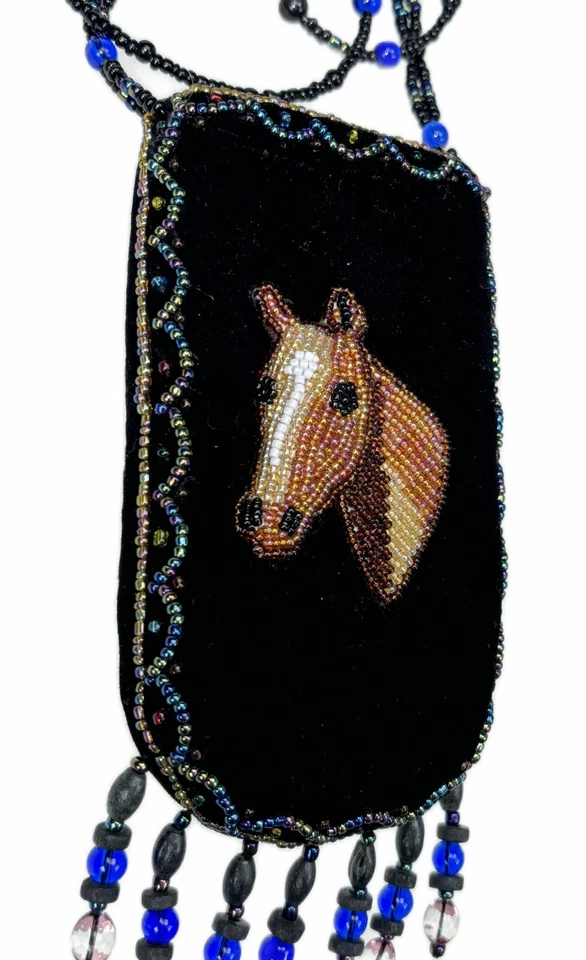 Beaded Horse Credit Card Holder Crossbody Bag Pouch Black Velvet Wall Pocket - Image 3 of 4