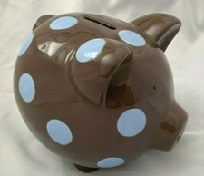 Elegant Baby Brown Blue Dotted 6.5X8" Ceramic Figurine Pig Piggy Bank