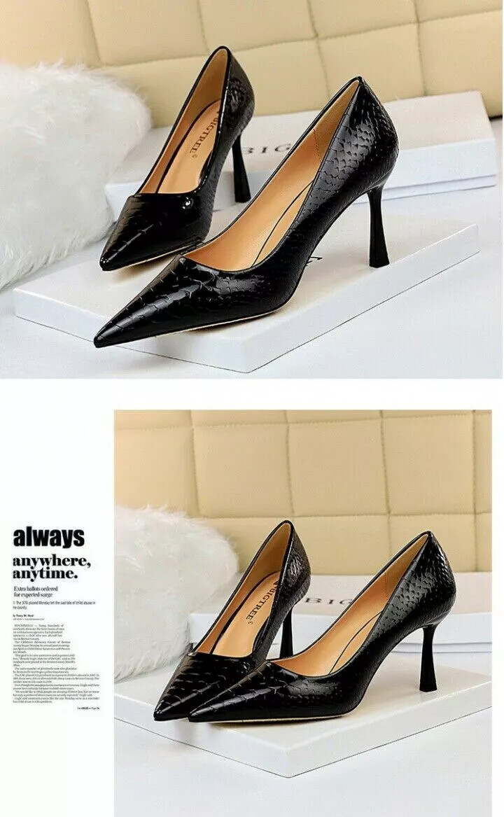 Zapatos de Salón Mujer Elegantes Cómodo Negro Brillante 8 CM Piel Sintético 9222