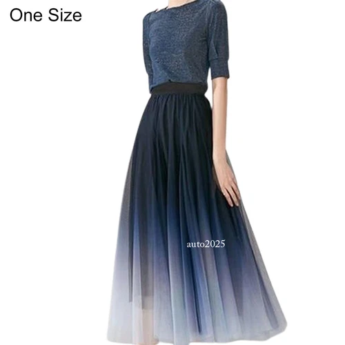 Damen Farbverlauf Rock weich atmungsaktiv Tüll Maxi hohe Taille Plissee Kleid - Bild 3 von 10
