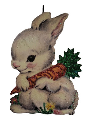 WHITE BUNNY RABBIT  w CARROT  *  Glitter EASTER ORNAMENT  *  Vtg Img