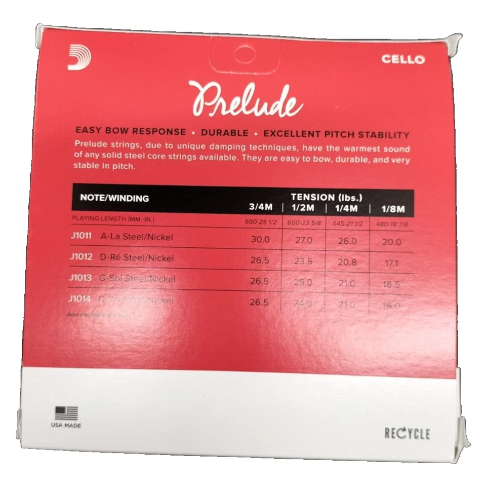 D'Addario Set Corde Violoncello 3/4 Tensione Media J1010 Prelude Muta Cello - Immagine 2 di 4