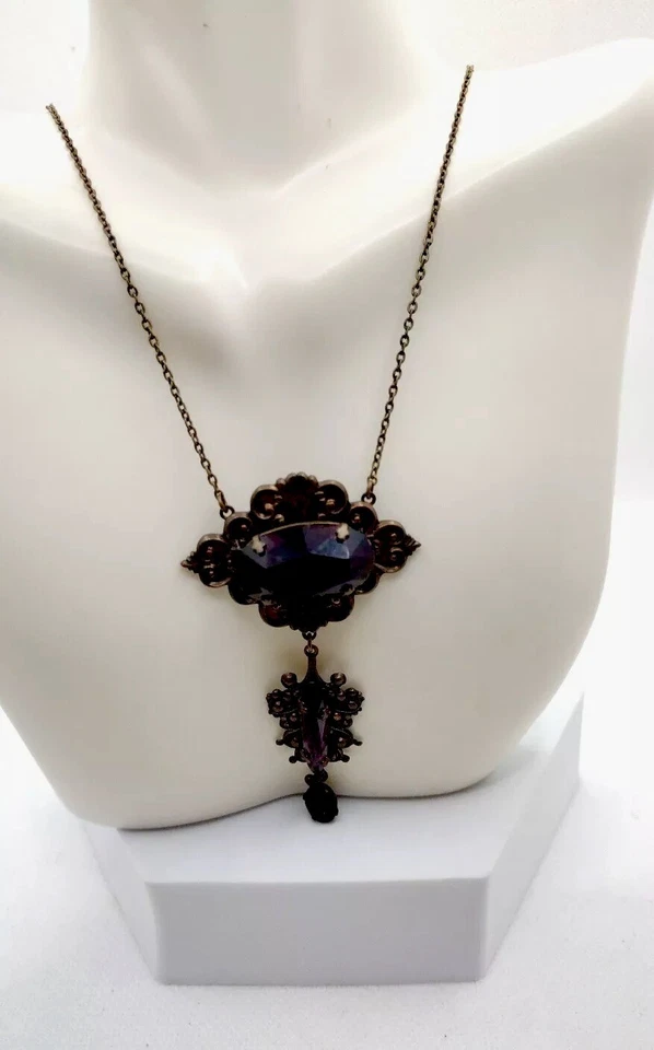 Colar de pedras preciosas estilo designer vitoriano bronze tom roxo resina joias - Imagem 2 de 4