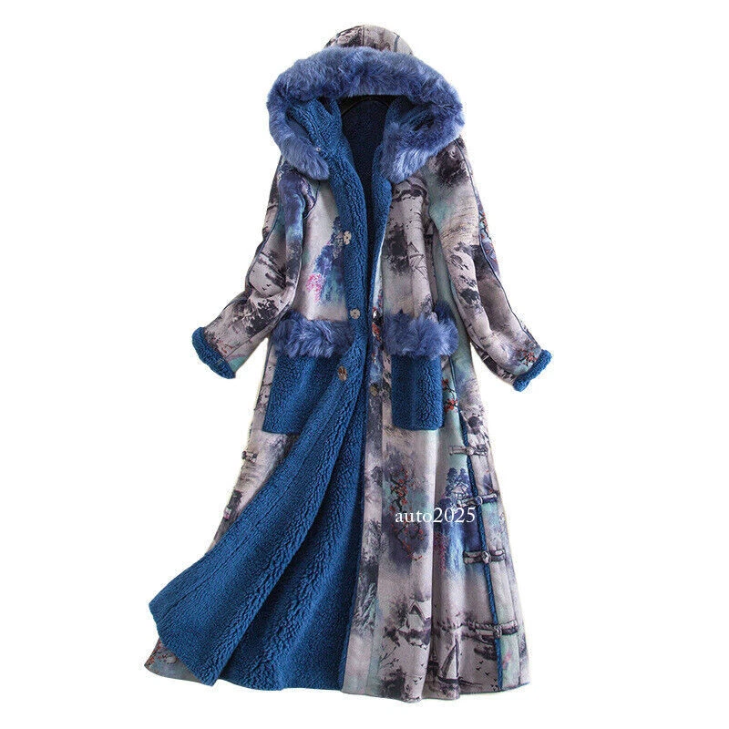 Abrigo de invierno retro floral largo imitación lana de cordero parka chaqueta con capucha imitación gamuza Foto 2 de 4