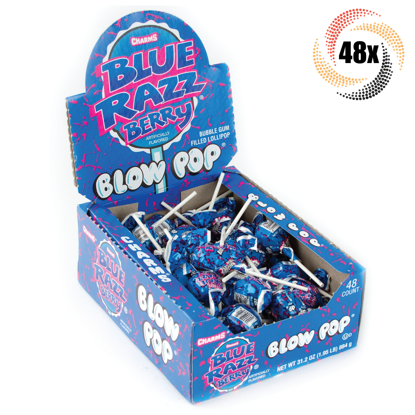 Полная коробка 48x леденцов Pops Charms Blue Razz Berry Blow Pop с начинкой из жевательной резинки | 65 унций