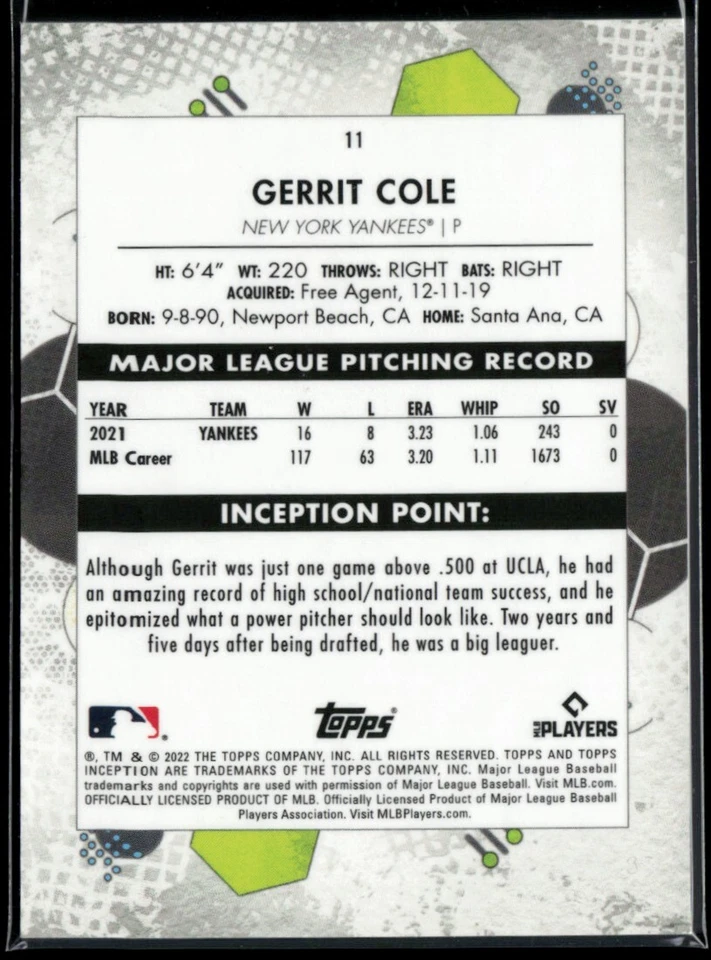 2022 Topps Inception Green #11 Gerrit Cole - Image 2 of 2