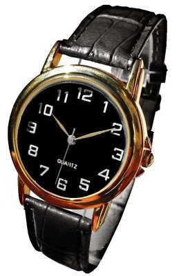 Montre Classique Bracelet Façon Cuir Noir Ø 3,3 cm Boitier Rond Ciselé fond Noir