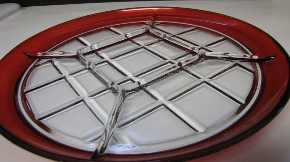 Clear Glass Ruby Red Flashed Stained Rim Divided Platter Server Tray 5 Sections - Image 4 of 4