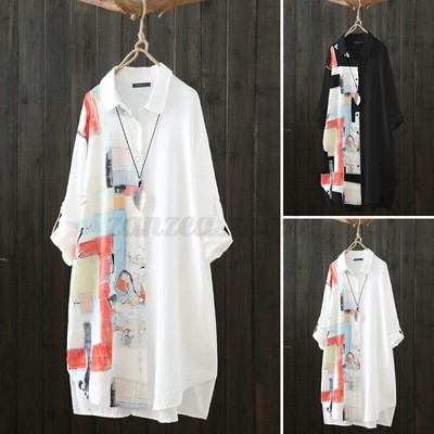 Womens Long Sleeve Printed Button Down Midi Shirt Dress Casual Loose Tops Blouse