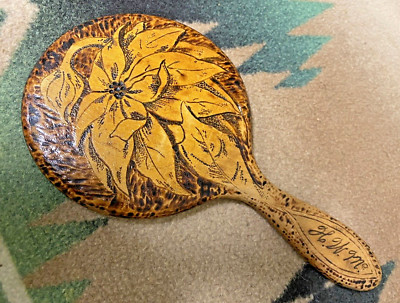 FLEMISH ART PYROGRAPH HAND MIRROR POINSETTIA FLOWER #129