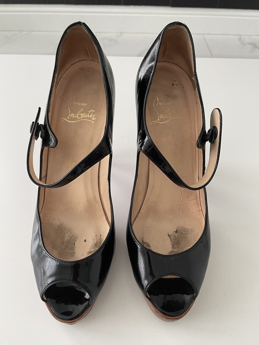 CHRISTIAN LOUBOUTIN BLACK PATENT LEATHER MARY JANE HIGH HEEL SHOES