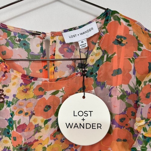 Lost + Wander Peach Floral Flowy Long Sleeve Mini Dress NEW Sz M Bohemian - Picture 2 of 4
