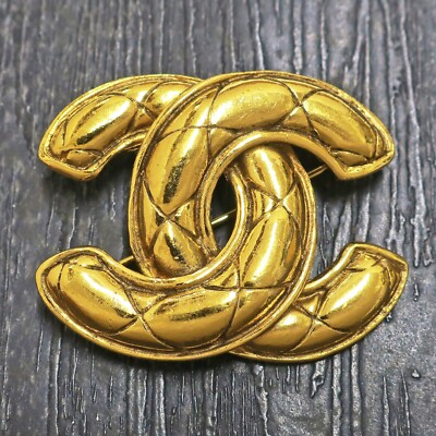CHANEL Gold Plated CC Logos Matelasse Vintage Pin Brooch #864c