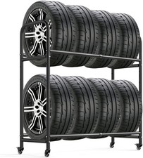 Adjustable Rolling Tyre Storage Rack, 2-Tier Tire Display Stand Space for 8 Tyre